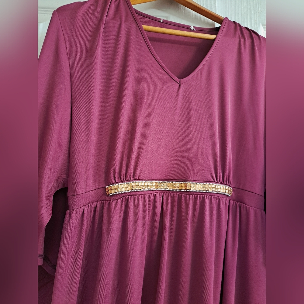 Long Sleeve Hot Pink Raspberry Stretch Maxi Dress w/ Rhinestone Gold Belt Detail